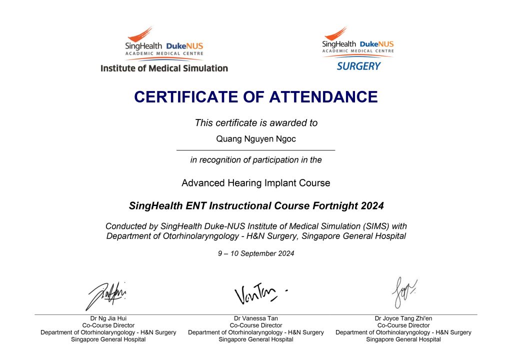 Certificate - Quang Nguyen Ngoc - phong kham tai mui hong da nang